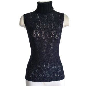 Renee Lezard Boucle Knit Virgin Wool Blend Open Weave Sleeveless Turtle Neck Top